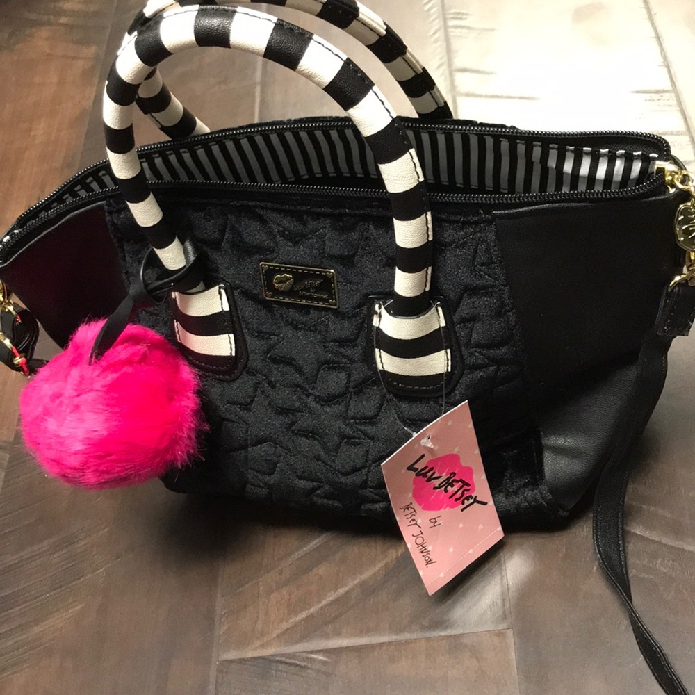 Black Betsey Johnson Purse with Pink Poof